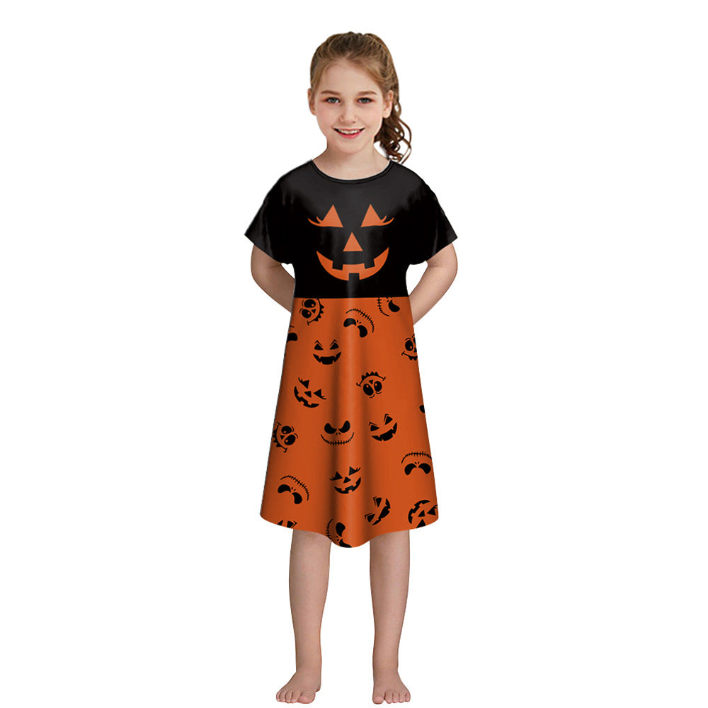 Girls' Halloween Short-sleeved Funny Digital Printed Dress