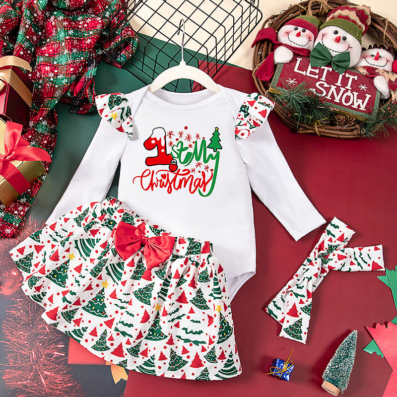 Girls' Baby Christmas Long-sleeve Jumpsuit Full Printed Headband Skirt Three-piece Set