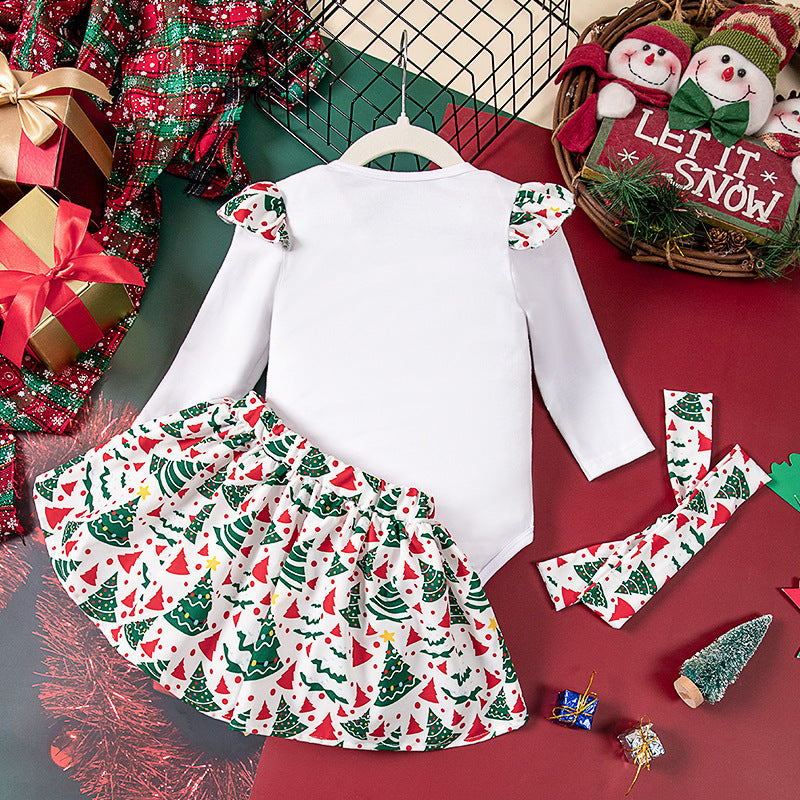 Girls' Baby Christmas Long-sleeve Jumpsuit Full Printed Headband Skirt Three-piece Set
