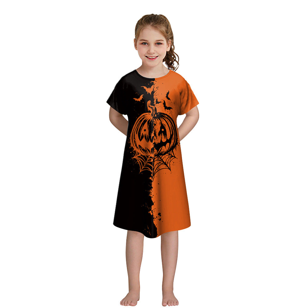 Girls' Halloween Short-sleeved Funny Digital Printed Dress