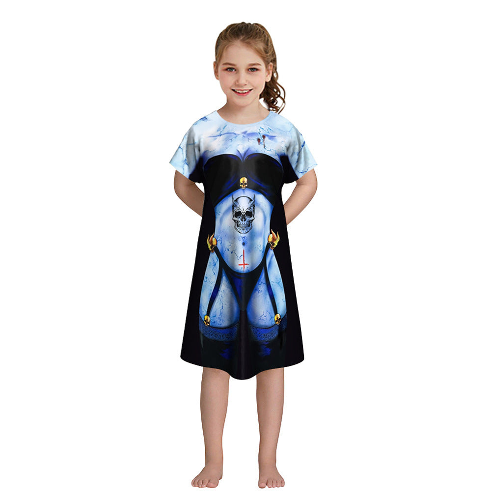 Girls' Halloween Short-sleeved Funny Digital Printed Dress