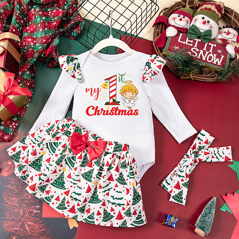 Girls' Baby Christmas Long-sleeve Jumpsuit Full Printed Headband Skirt Three-piece Set