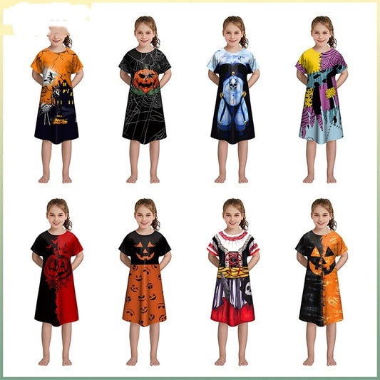 Girls' Halloween Short-sleeved Funny Digital Printed Dress