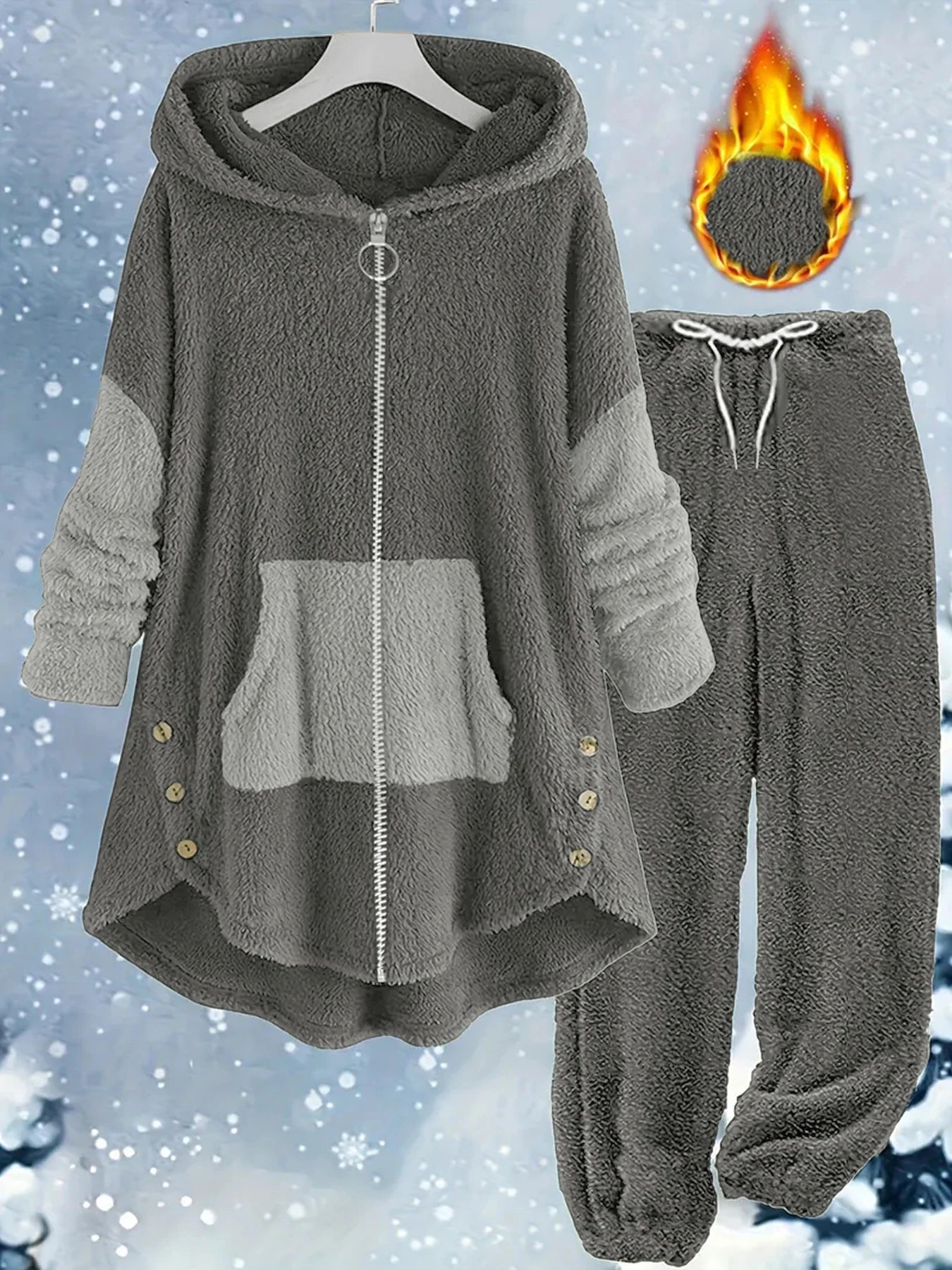 Plus Size Warm Contrasting Sweater Set On Sale Clearance Hooded Zip-Up Package Cardigan Drawstring Long Pants With Elastic Cuffs