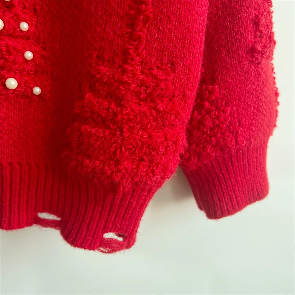 Autumn/Winter Christmas Sweater For Women Bow Nail Bead Red Knitted Pullover Tops American Fashion Jacquard New Year's Jumpers