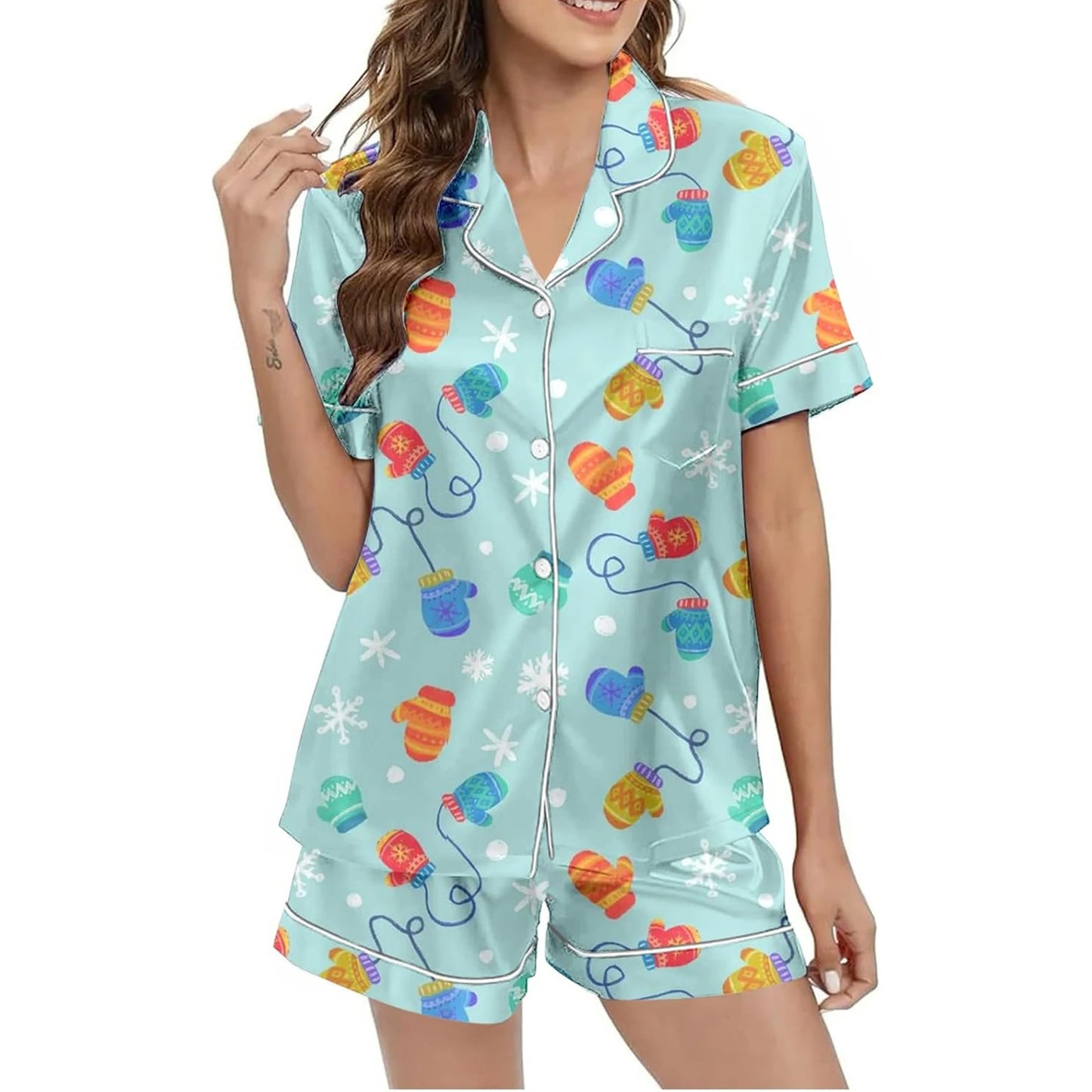Women Christmas Pajamas Set, Santa Claus Tree Print Short Sleeve Button Closure Shirt with Shorts Sleepwear Loungewear