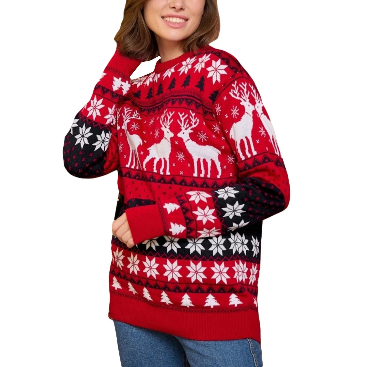 Unisex Christmas Sweater Winter Couple Women Man Long Sleeve Round Neck Reindeer Pattern Classic Fit Knitted Pullovers