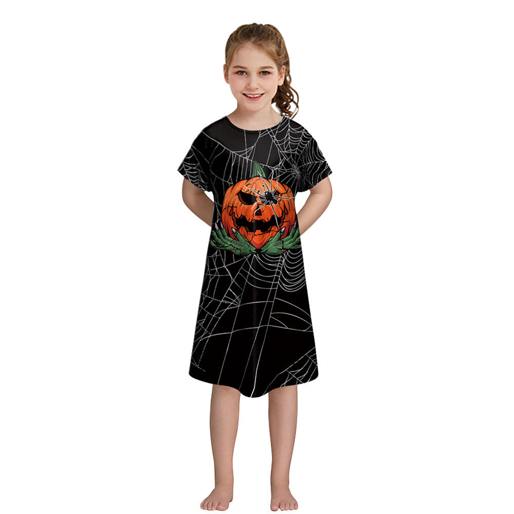 Girls' Halloween Short-sleeved Funny Digital Printed Dress