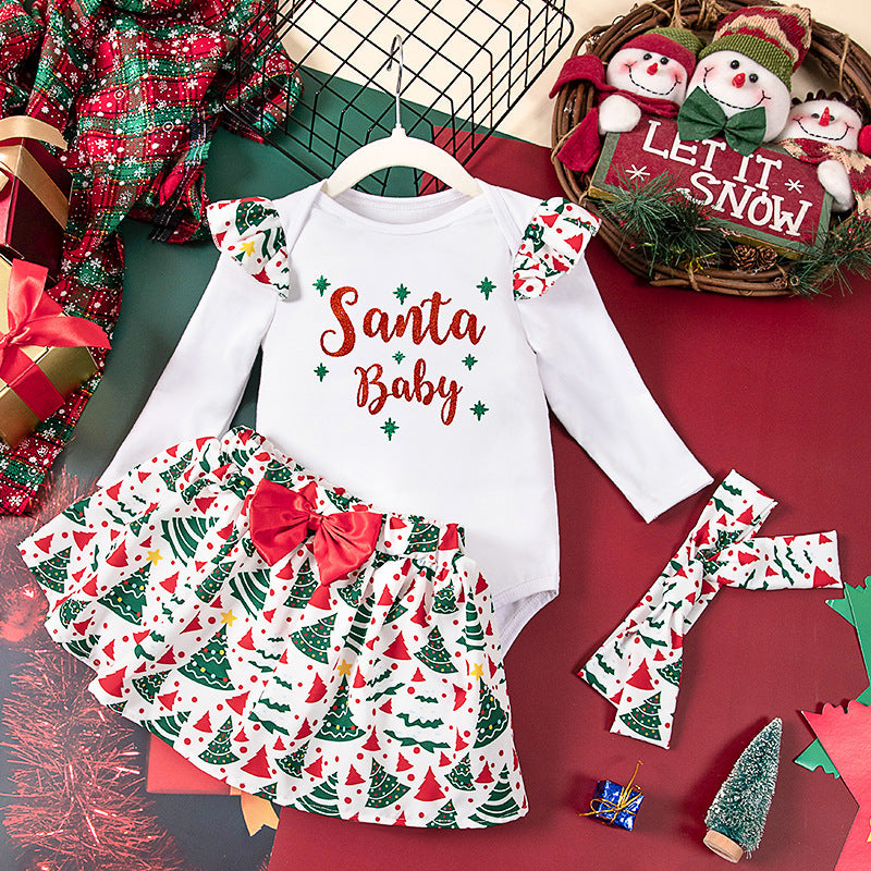 Girls' Baby Christmas Long-sleeve Jumpsuit Full Printed Headband Skirt Three-piece Set