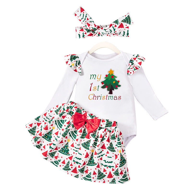 Girls' Baby Christmas Long-sleeve Jumpsuit Full Printed Headband Skirt Three-piece Set