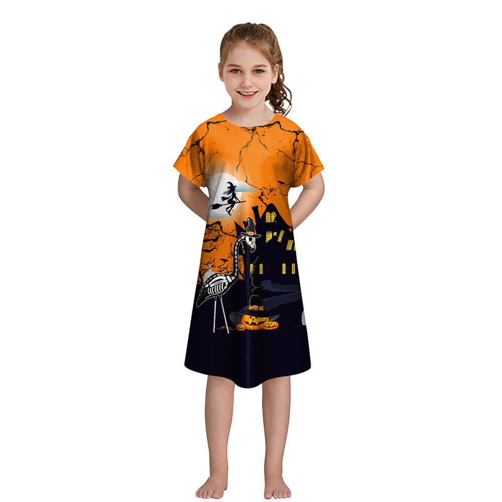 Girls' Halloween Short-sleeved Funny Digital Printed Dress