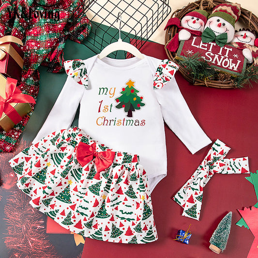 Girls' Baby Christmas Long-sleeve Jumpsuit Full Printed Headband Skirt Three-piece Set