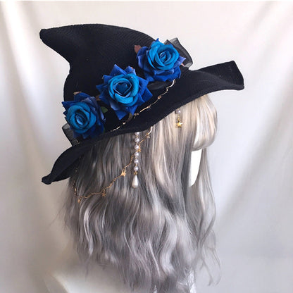 Lolita Velvet Witch Hat Halloween Wide Brim Rose Witch Hat