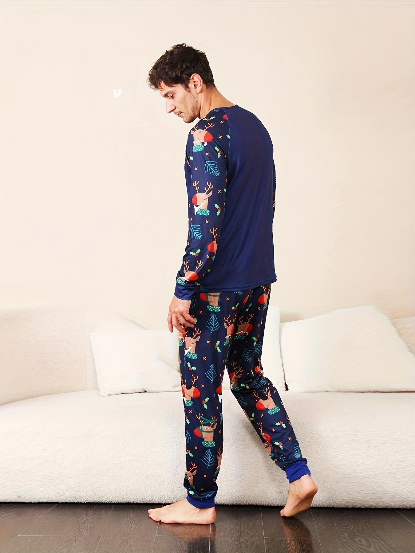 Family Matching Christmas Reindeer Pajama Set - Cozy Long Sleeve Crew Neck, Soft Polyester Blend, Machine Washable - Perfect for Youngsters, Women, and Men, Christmas Pajamas Family Set