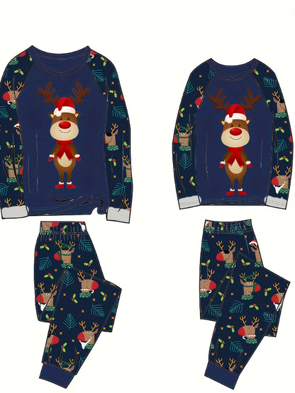 Family Matching Christmas Reindeer Pajama Set - Cozy Long Sleeve Crew Neck, Soft Polyester Blend, Machine Washable - Perfect for Youngsters, Women, and Men, Christmas Pajamas Family Set