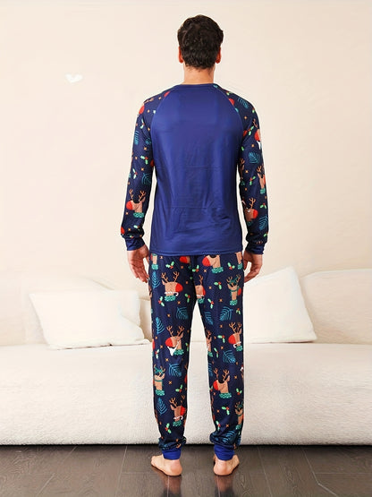 Family Matching Christmas Reindeer Pajama Set - Cozy Long Sleeve Crew Neck, Soft Polyester Blend, Machine Washable - Perfect for Youngsters, Women, and Men, Christmas Pajamas Family Set