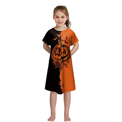 Girls' Halloween Short-sleeved Funny Digital Printed Dress