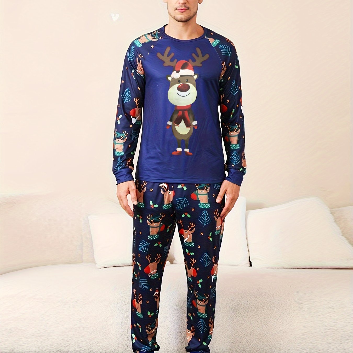 Family Matching Christmas Reindeer Pajama Set - Cozy Long Sleeve Crew Neck, Soft Polyester Blend, Machine Washable - Perfect for Youngsters, Women, and Men, Christmas Pajamas Family Set