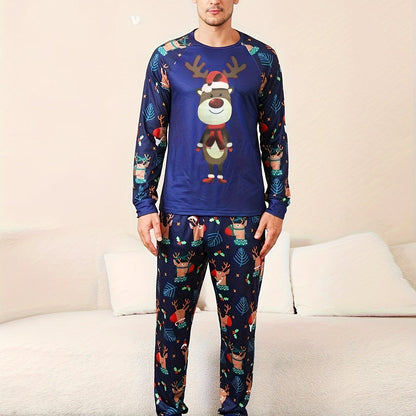 Family Matching Christmas Reindeer Pajama Set - Cozy Long Sleeve Crew Neck, Soft Polyester Blend, Machine Washable - Perfect for Youngsters, Women, and Men, Christmas Pajamas Family Set