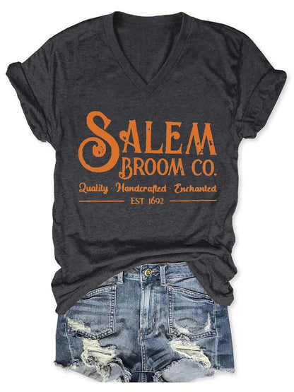 Women's Halloween Salem Broom Company V-neck T-shirt