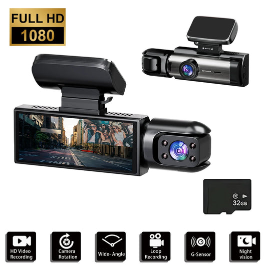 Front & Rear Dashcam With 32GB Card, 1080P  Dash Camera for Car, Wide Angle Car Driving Recorder with IR Night-Vision G Sensor.