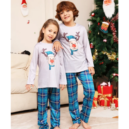 Christmas Matching Family Pajamas 2023 Blue Deer Checkered Christmas Pajamas