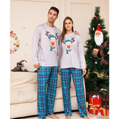 Christmas Matching Family Pajamas 2023 Blue Deer Checkered Christmas Pajamas
