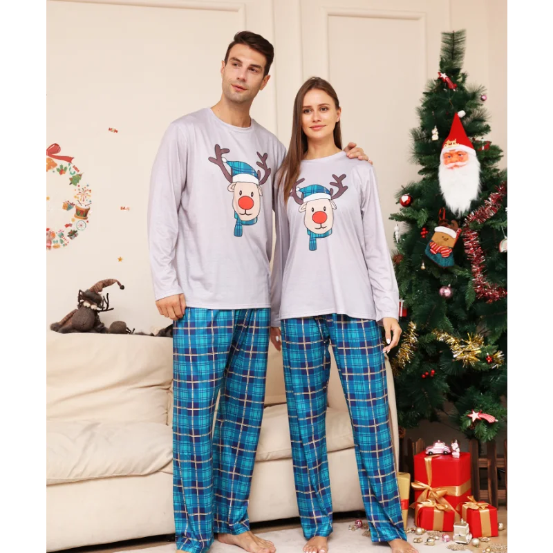 Christmas Matching Family Pajamas 2023 Blue Deer Checkered Christmas Pajamas