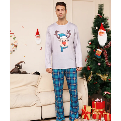 Christmas Matching Family Pajamas 2023 Blue Deer Checkered Christmas Pajamas