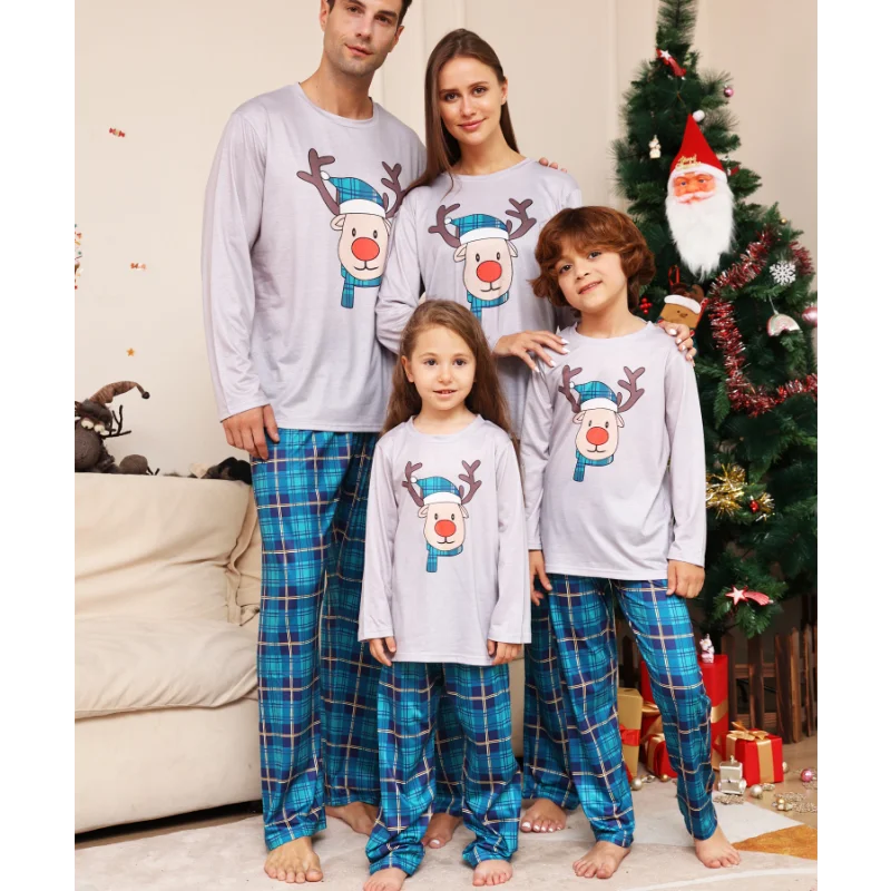 Christmas Matching Family Pajamas 2023 Blue Deer Checkered Christmas Pajamas
