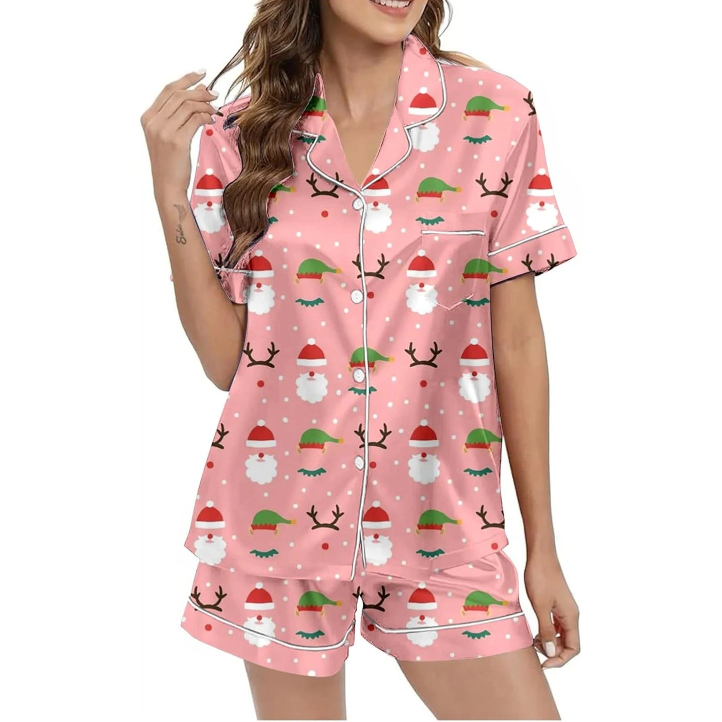 Women Christmas Pajamas Set, Santa Claus Tree Print Short Sleeve Button Closure Shirt with Shorts Sleepwear Loungewear