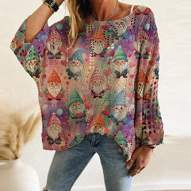 New Santa Claus Snowman Print Sweater Women O Neck Long Sleeve Christmas Sweaters For Women Fashion Hollow Out Knitted Jumper