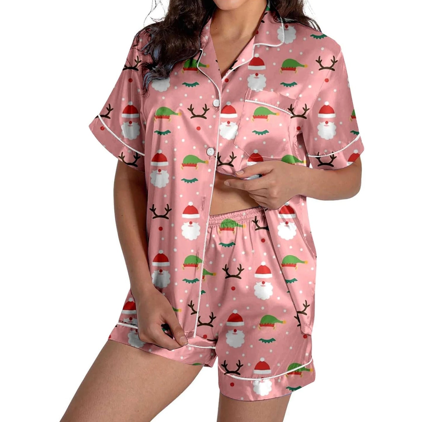 Women Christmas Pajamas Set, Santa Claus Tree Print Short Sleeve Button Closure Shirt with Shorts Sleepwear Loungewear