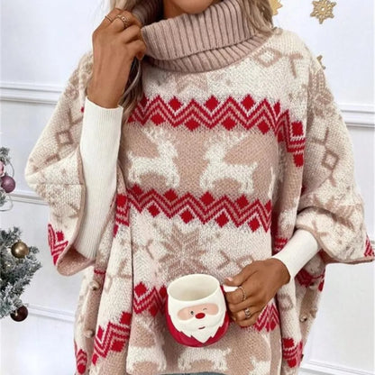 Turtleneck Christmas Sweater Elk Contrast Pattern Bat Sleeve Sweater Winter Clothes Woman Pulls Femmes Comfortable Casual Trendy