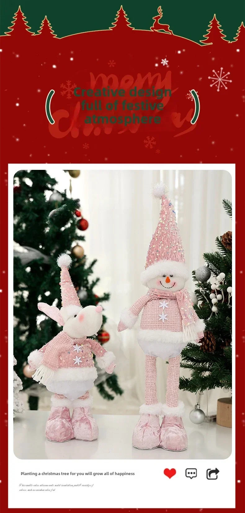 Christmas Adjustable Standing Santa and Snowman Pink Sequin Plush Doll Cute Holiday Decoration for Home Festive Ornament