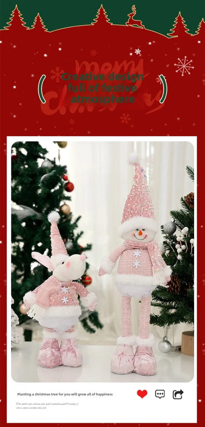 Christmas Adjustable Standing Santa and Snowman Pink Sequin Plush Doll Cute Holiday Decoration for Home Festive Ornament