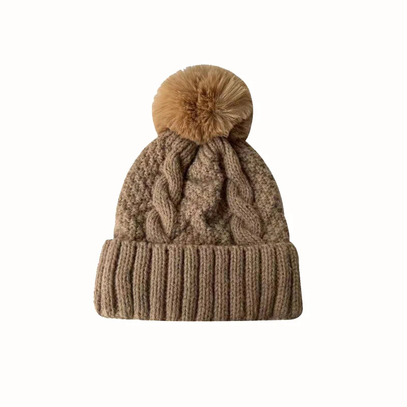 New Winter Twist Knitting Hat For Women Fur Pompom Thick Plush Cap Beanie Solid Color Ladies Warm Ski Snow Skullies Beanies