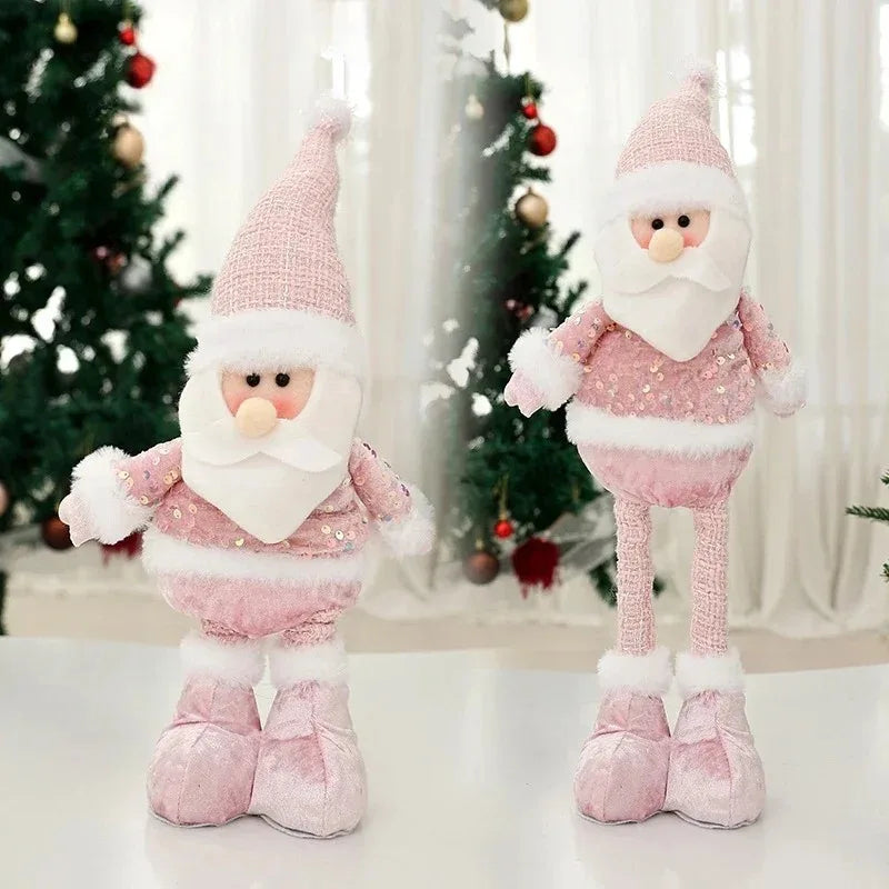 Christmas Adjustable Standing Santa and Snowman Pink Sequin Plush Doll Cute Holiday Decoration for Home Festive Ornament