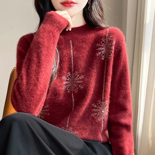 Women Sweater Christmas Style Mock Neck Long Sleeve Autumn Winter Thick Warm Pullovers Knitted Loose Bottoming Shirts Red Jumper
