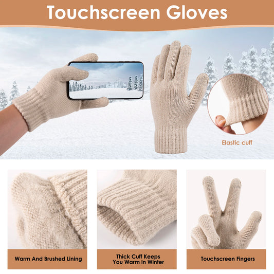 Women Winter Knit Beanie Hat+Touchscreen Gloves+Long Scarve 3 in 1 Set Gift for Women Girls