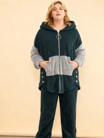 Plus Size Warm Contrasting Sweater Set On Sale Clearance Hooded Zip-Up Package Cardigan Drawstring Long Pants With Elastic Cuffs
