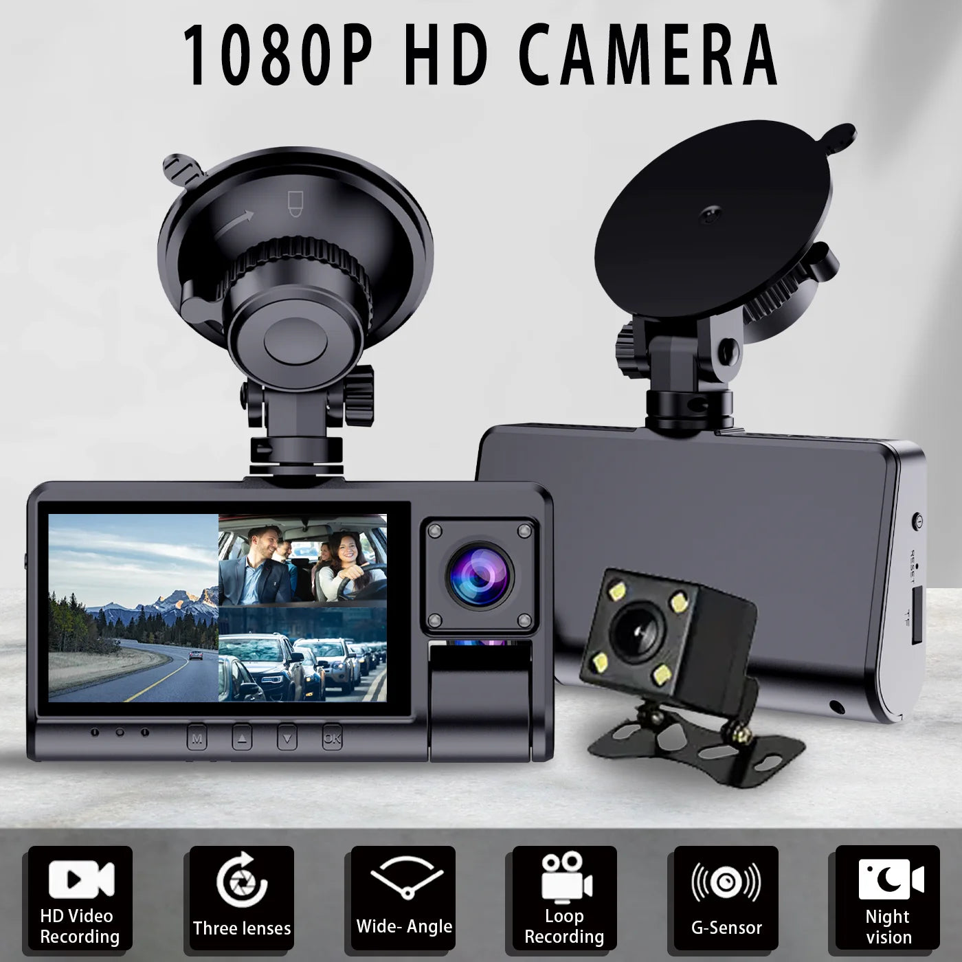Car Cam, 3 Channel Car Cam, 1 Count FullHD Car DVR ,Night-vision, Loop Recording, MotionDetection, Suitable for Driving/Accident