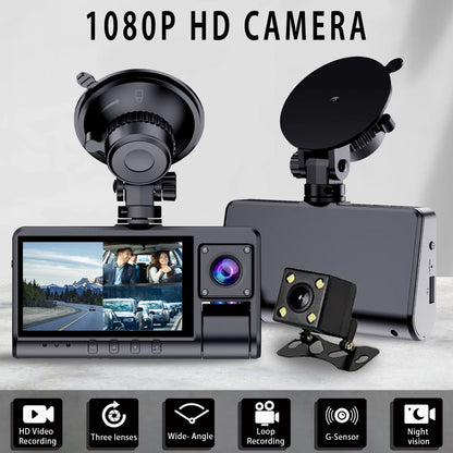 Car Cam, 3 Channel Car Cam, 1 Count FullHD Car DVR ,Night-vision, Loop Recording, MotionDetection, Suitable for Driving/Accident