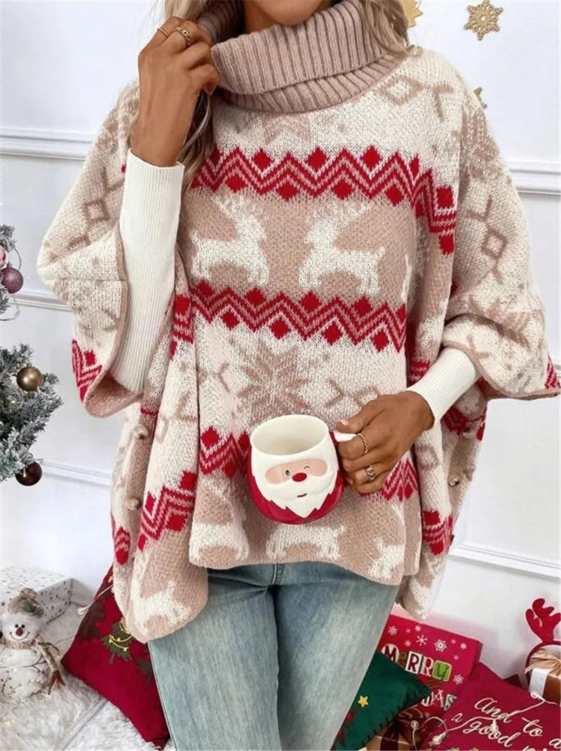Turtleneck Christmas Sweater Elk Contrast Pattern Bat Sleeve Sweater Winter Clothes Woman Pulls Femmes Comfortable Casual Trendy
