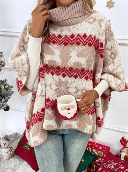 Turtleneck Christmas Sweater Elk Contrast Pattern Bat Sleeve Sweater Winter Clothes Woman Pulls Femmes Comfortable Casual Trendy