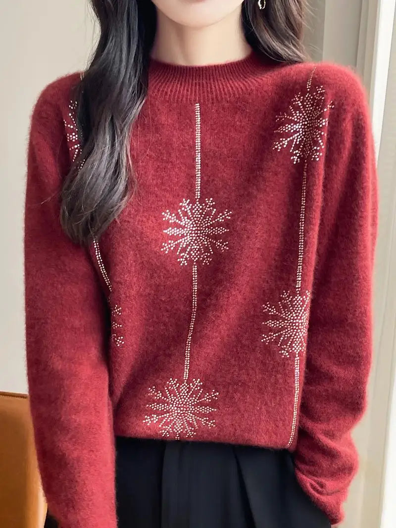 Women Sweater Christmas Style Mock Neck Long Sleeve Autumn Winter Thick Warm Pullovers Knitted Loose Bottoming Shirts Red Jumper