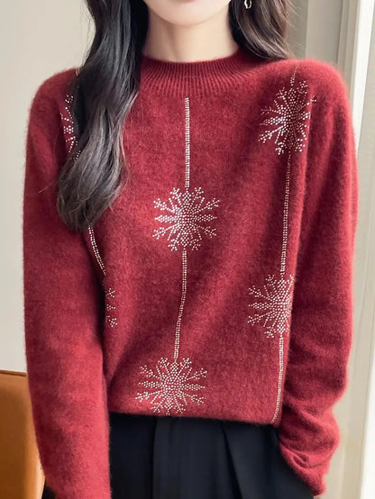 Women Sweater Christmas Style Mock Neck Long Sleeve Autumn Winter Thick Warm Pullovers Knitted Loose Bottoming Shirts Red Jumper