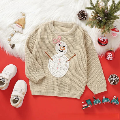 Toddler Kids Clothes Christmas Sweater for Girls Hand Embroidered Snowman Pattern Knit Top 3-6Y Kids Boys Festive Winter Outfit