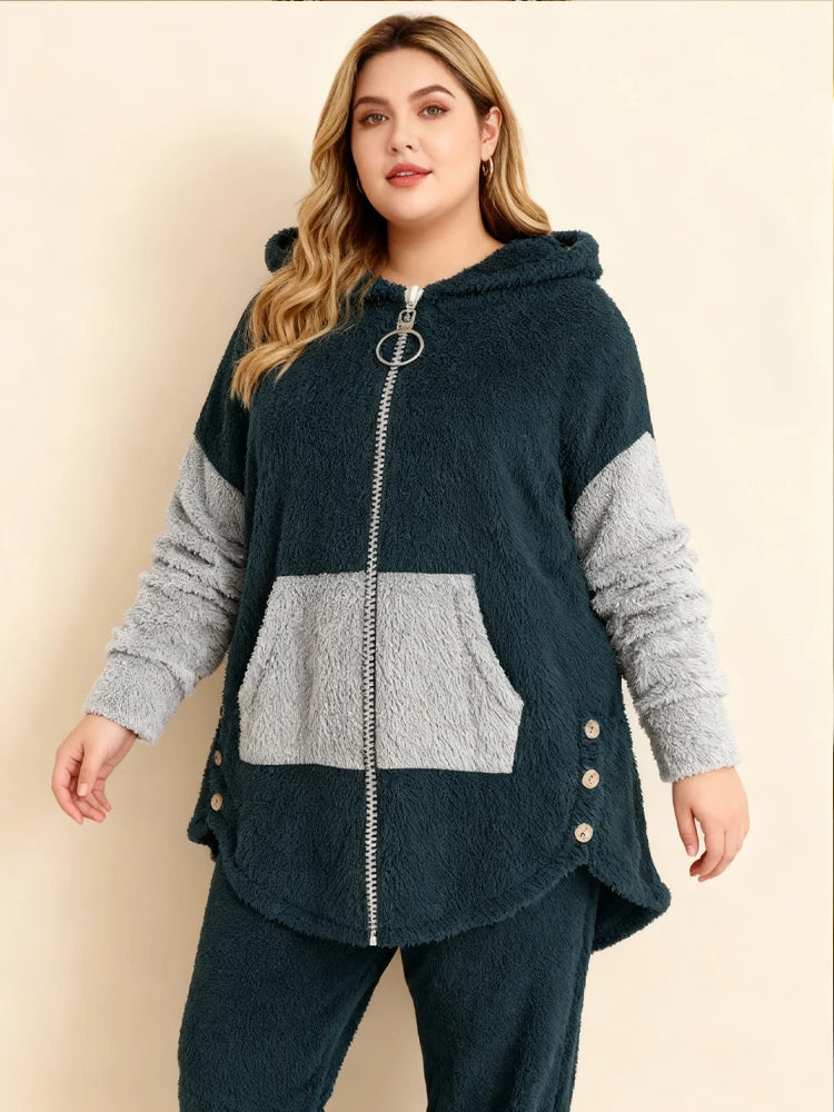 Plus Size Warm Contrasting Sweater Set On Sale Clearance Hooded Zip-Up Package Cardigan Drawstring Long Pants With Elastic Cuffs