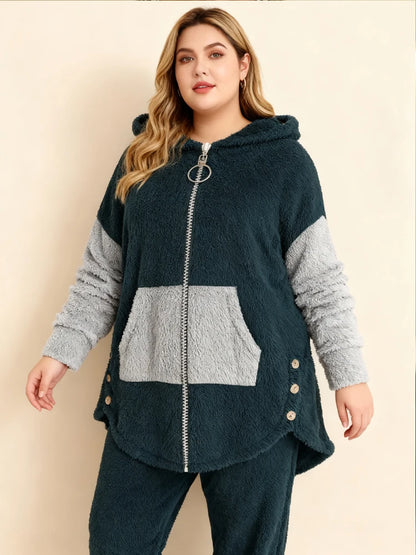 Plus Size Warm Contrasting Sweater Set On Sale Clearance Hooded Zip-Up Package Cardigan Drawstring Long Pants With Elastic Cuffs